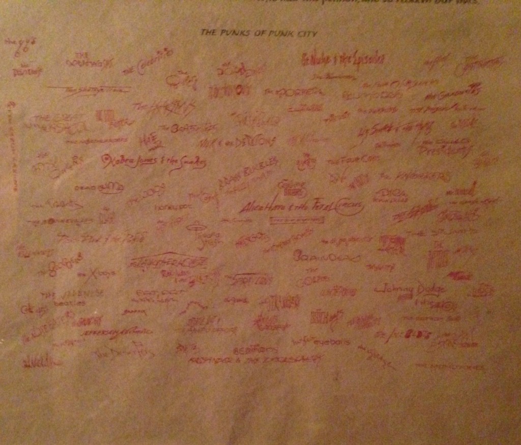 The signatures of all the bands of South Street on the day they dedicated the Boomer Bible, the first written protest against the nonsense of modern writing.